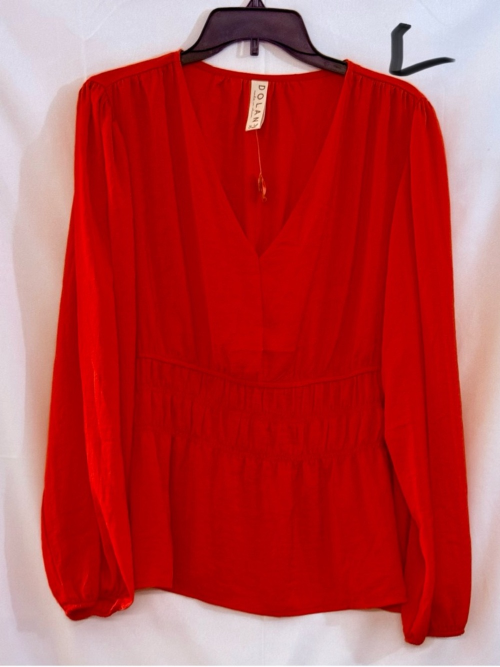dolan Bright Red V-Neck Long Sleeve Smocked Waist Blouse